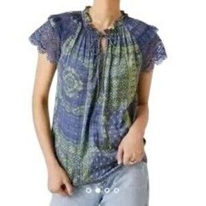 Current Air Anthropologie Top Size XS XSmall Bandana Print Blue Green Lace Sleev